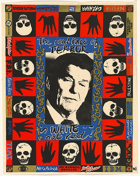 Title: b'The real face of terror is white... not red!' | Date: c1986 | Technique: b'screenprint, printed in colour, from multiple stencils' Title: b'The real face of terror is white... not red!' | Date: c1986 | Technique: b'screenprint, printed in colour, from multiple stencils'