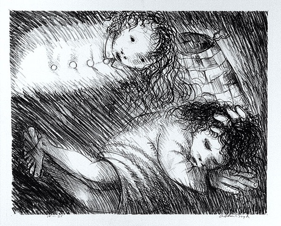 Artist: b'BOYD, Arthur' | Title: b'St Francis when young dreaming of fine clothes and armour.' | Date: (1965) | Technique: b'lithograph, printed in black ink, from one plate' | Copyright: b'Reproduced with permission of Bundanon Trust' Artist: b'BOYD, Arthur' | Title: b'St Francis when young dreaming of fine clothes and armour.' | Date: (1965) | Technique: b'lithograph, printed in black ink, from one plate' | Copyright: b'Reproduced with permission of Bundanon Trust'