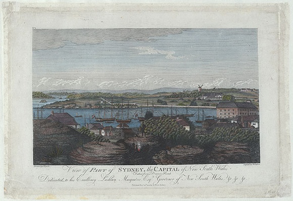 Title: bView of part of Sydney, the capital of New South Wales. Taken from Dawes's Point.* | Date: 30 November 1812 | Technique: b'engraving, printed in black ink, from one copper plate; hand-coloured' Title: bView of part of Sydney, the capital of New South Wales. Taken from Dawes's Point.* | Date: 30 November 1812 | Technique: b'engraving, printed in black ink, from one copper plate; hand-coloured'