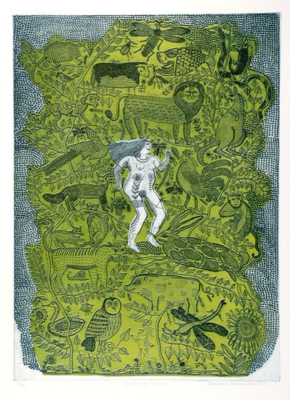 Artist: b'HANRAHAN, Barbara' | Title: b'Garden of Eden' | Date: 1977 | Technique: b'etching, printed in colour with plate-tone' Artist: b'HANRAHAN, Barbara' | Title: b'Garden of Eden' | Date: 1977 | Technique: b'etching, printed in colour with plate-tone'