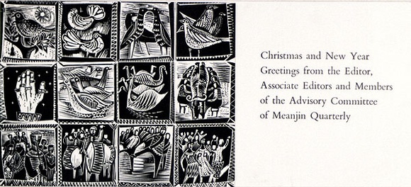 Artist: b'Adams, Tate.' | Title: b'Greeting card: Christmas and New Year, Greetings from Meanjin Quarterly.' | Date: 1962 | Technique: b'wood-engravings, lineblocks and letterpress, printed in black ink' Artist: b'Adams, Tate.' | Title: b'Greeting card: Christmas and New Year, Greetings from Meanjin Quarterly.' | Date: 1962 | Technique: b'wood-engravings, lineblocks and letterpress, printed in black ink'