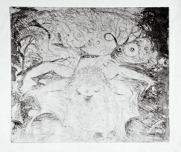 Artist: b'BOYD, Arthur' | Title: bNude washing in a creek with watching head and ram's head. | Date: (1962-63) | Technique: b'etching, printed in black ink, from one plate' | Copyright: b'Reproduced with permission of Bundanon Trust' Artist: b'BOYD, Arthur' | Title: bNude washing in a creek with watching head and ram's head. | Date: (1962-63) | Technique: b'etching, printed in black ink, from one plate' | Copyright: b'Reproduced with permission of Bundanon Trust'