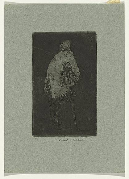 Artist: b'WILLIAMS, Fred' | Title: b'One legged man' | Date: 1954-55 | Technique: b'etching, deep etch, aquatint and engraving, printed in black ink, from one zinc plate' | Copyright: b'\xc2\xa9 Fred Williams Estate' Artist: b'WILLIAMS, Fred' | Title: b'One legged man' | Date: 1954-55 | Technique: b'etching, deep etch, aquatint and engraving, printed in black ink, from one zinc plate' | Copyright: b'\xc2\xa9 Fred Williams Estate'