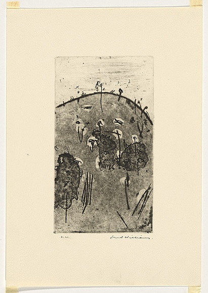 Artist: b'WILLIAMS, Fred' | Title: b'Hillock, Lysterfield' | Date: 1965-66 | Technique: b'etching, aquatint, sugar aquatint and drypoint, printed in black ink, from one copper plate' | Copyright: b'\xc2\xa9 Fred Williams Estate' Artist: b'WILLIAMS, Fred' | Title: b'Hillock, Lysterfield' | Date: 1965-66 | Technique: b'etching, aquatint, sugar aquatint and drypoint, printed in black ink, from one copper plate' | Copyright: b'\xc2\xa9 Fred Williams Estate'