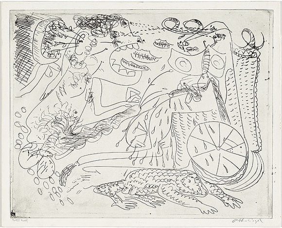 Artist: b'BOYD, Arthur' | Title: b'Beasts with wheelchair, ram, mouths and bouquet.' | Date: (1968-69) | Technique: b'etching, printed in black ink, from one plate' | Copyright: b'Reproduced with permission of Bundanon Trust' Artist: b'BOYD, Arthur' | Title: b'Beasts with wheelchair, ram, mouths and bouquet.' | Date: (1968-69) | Technique: b'etching, printed in black ink, from one plate' | Copyright: b'Reproduced with permission of Bundanon Trust'