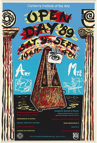 Artist: b'Debenham, Pam.' | Title: bCanberra Institute of the Arts Open Day '89. | Date: 1989 | Technique: b'screenprint, printed in colour, from multiple stencils' Artist: b'Debenham, Pam.' | Title: bCanberra Institute of the Arts Open Day '89. | Date: 1989 | Technique: b'screenprint, printed in colour, from multiple stencils'