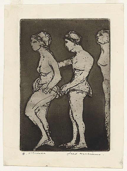 Artist: b'WILLIAMS, Fred' | Title: b'Chorus girls' | Date: 1955-56 | Technique: b'etching, aquatint and drypoint, printed in black ink, from one zinc plate' | Copyright: b'\xc2\xa9 Fred Williams Estate' Artist: b'WILLIAMS, Fred' | Title: b'Chorus girls' | Date: 1955-56 | Technique: b'etching, aquatint and drypoint, printed in black ink, from one zinc plate' | Copyright: b'\xc2\xa9 Fred Williams Estate'