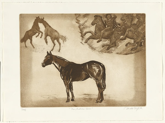 Artist: b'GRIFFITH, Pamela' | Title: b'The noble horse' | Date: 1981 | Technique: b'etching, soft ground, splatter printed in brown ink, from one magnesium plate' | Copyright: b'\xc2\xa9 Pamela Griffith' Artist: b'GRIFFITH, Pamela' | Title: b'The noble horse' | Date: 1981 | Technique: b'etching, soft ground, splatter printed in brown ink, from one magnesium plate' | Copyright: b'\xc2\xa9 Pamela Griffith'
