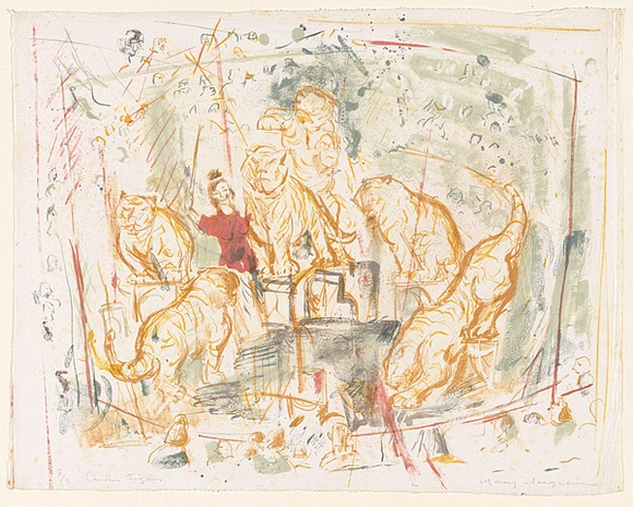 Artist: b'MACQUEEN, Mary' | Title: b'Circus tigers' | Date: c.1965 | Technique: b'lithograph, printed in colour, from multiple plates' | Copyright: b'Courtesy Paulette Calhoun, for the estate of Mary Macqueen' Artist: b'MACQUEEN, Mary' | Title: b'Circus tigers' | Date: c.1965 | Technique: b'lithograph, printed in colour, from multiple plates' | Copyright: b'Courtesy Paulette Calhoun, for the estate of Mary Macqueen'