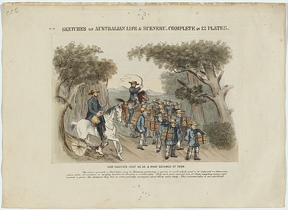 Title: b'Our convicts what we do and what becomes of them' | Date: c.1865 | Technique: b'lithograph, printed in black ink, from one stone, hand-coloured' Title: b'Our convicts what we do and what becomes of them' | Date: c.1865 | Technique: b'lithograph, printed in black ink, from one stone, hand-coloured'
