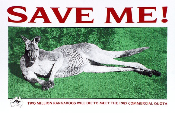 Artist: b'Praxis Poster Workshop.' | Title: b'Save me! Two million kangaroos will die to meet the 1985 commercial quote' | Date: 1985 | Technique: b'screenprint, printed in colour, from three stencils' Artist: b'Praxis Poster Workshop.' | Title: b'Save me! Two million kangaroos will die to meet the 1985 commercial quote' | Date: 1985 | Technique: b'screenprint, printed in colour, from three stencils'