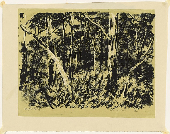 Artist: b'Crooke, Ray.' | Title: b'Sherbrooke Forest.' | Date: 1959 | Technique: b'screenprint, printed in colour, from two stencils' Artist: b'Crooke, Ray.' | Title: b'Sherbrooke Forest.' | Date: 1959 | Technique: b'screenprint, printed in colour, from two stencils'