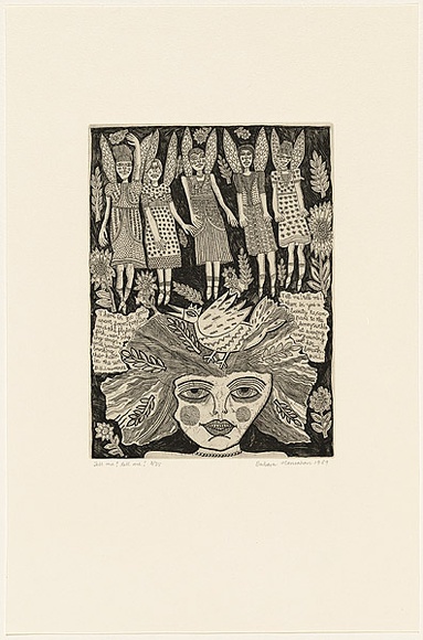 Artist: b'HANRAHAN, Barbara' | Title: b'Tell me! tell me!' | Date: 1989 | Technique: b'etching, printed in black ink with plate-tone, from one plate' Artist: b'HANRAHAN, Barbara' | Title: b'Tell me! tell me!' | Date: 1989 | Technique: b'etching, printed in black ink with plate-tone, from one plate'
