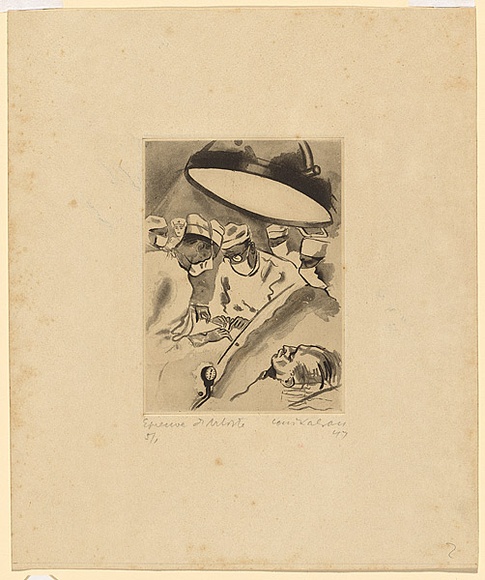 Artist: b'Kahan, Louis.' | Title: b'(Operation in theatre)' | Date: 1947 | Technique: b'aquatint, printed in black ink with plate-tone, from one plate with brush and ink' | Copyright: b'\xc2\xa9 Louis Kahan. Licensed by VISCOPY, Australia' Artist: b'Kahan, Louis.' | Title: b'(Operation in theatre)' | Date: 1947 | Technique: b'aquatint, printed in black ink with plate-tone, from one plate with brush and ink' | Copyright: b'\xc2\xa9 Louis Kahan. Licensed by VISCOPY, Australia'