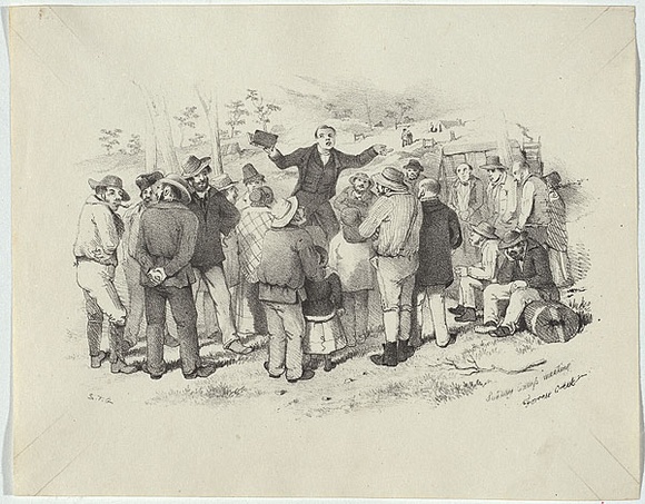 Artist: b'GILL, S.T.' | Title: b'Sunday camp meeting, Forrest Creek.' | Date: 1852 | Technique: b'lithograph, printed in black ink, from one stone' Artist: b'GILL, S.T.' | Title: b'Sunday camp meeting, Forrest Creek.' | Date: 1852 | Technique: b'lithograph, printed in black ink, from one stone'