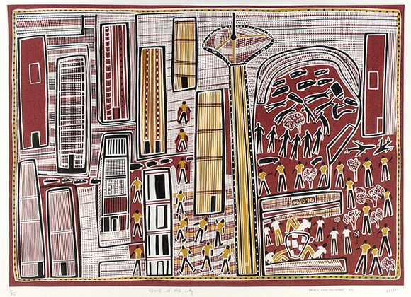 Artist: b'NYINAWANGA, Brian' | Title: b'Visions of the city' | Date: 1993 | Technique: b'screenprint, printed in colour, from four stencils' Artist: b'NYINAWANGA, Brian' | Title: b'Visions of the city' | Date: 1993 | Technique: b'screenprint, printed in colour, from four stencils'