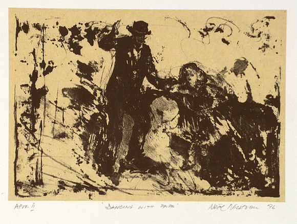 Artist: b'NICOLSON, Noel' | Title: b'Dancing with papa' | Date: 1996, April | Technique: b'lithograph, printed in black ink, from one plate' Artist: b'NICOLSON, Noel' | Title: b'Dancing with papa' | Date: 1996, April | Technique: b'lithograph, printed in black ink, from one plate'