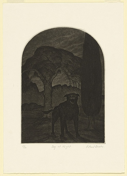 Artist: b'Baxter, Paul.' | Title: b'Dog at night.' | Date: 1989 | Technique: b'etching, printed in black ink with plate-tone, from one plate' Artist: b'Baxter, Paul.' | Title: b'Dog at night.' | Date: 1989 | Technique: b'etching, printed in black ink with plate-tone, from one plate'
