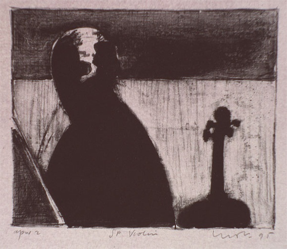 Artist: b'Lincoln, Kevin.' | Title: b'SP violin' | Date: 1995, November | Technique: b'lithograph, printed in black ink, from one stone' Artist: b'Lincoln, Kevin.' | Title: b'SP violin' | Date: 1995, November | Technique: b'lithograph, printed in black ink, from one stone'