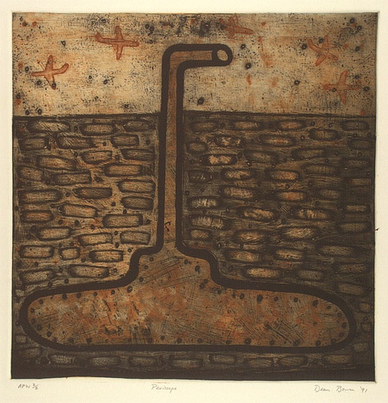 Artist: b'Bowen, Dean.' | Title: b'Periscope' | Date: 1991 | Technique: b'etching, printed in brown, orange and black ink, from three plates' Artist: b'Bowen, Dean.' | Title: b'Periscope' | Date: 1991 | Technique: b'etching, printed in brown, orange and black ink, from three plates'
