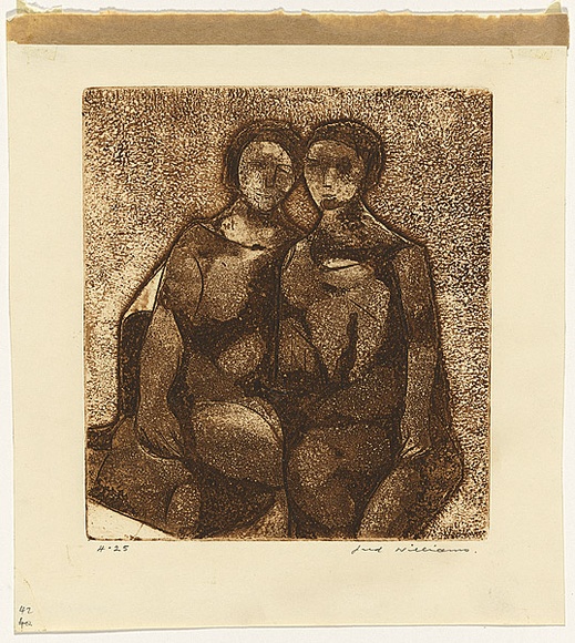 Artist: b'WILLIAMS, Fred' | Title: b'Sisters' | Date: 1961-62 | Technique: b'etching, deep etch, aquatint, engraving, drypoint, printed in sepia ink, from one copper plate' | Copyright: b'\xc2\xa9 Fred Williams Estate' Artist: b'WILLIAMS, Fred' | Title: b'Sisters' | Date: 1961-62 | Technique: b'etching, deep etch, aquatint, engraving, drypoint, printed in sepia ink, from one copper plate' | Copyright: b'\xc2\xa9 Fred Williams Estate'