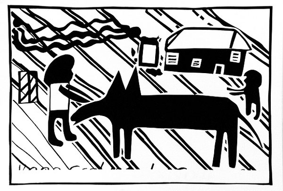 Artist: b'Jurrah, Roger.' | Title: b'Scabies Dogs Out (black stencil)' | Date: 1990 | Technique: b'screenprint, printed in colour, from three stencils' Artist: b'Jurrah, Roger.' | Title: b'Scabies Dogs Out (black stencil)' | Date: 1990 | Technique: b'screenprint, printed in colour, from three stencils'