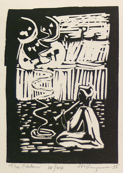 Artist: b'ROSENGRAVE, Harry' | Title: b'The fakir' | Date: 1955 | Technique: b'linocut, printed in black ink, from one block' Artist: b'ROSENGRAVE, Harry' | Title: b'The fakir' | Date: 1955 | Technique: b'linocut, printed in black ink, from one block'