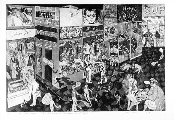 Artist: b'McBurnie, Ron.' | Title: b'The artist and his 2 dogs visit the Hypermarket' | Date: 1989 | Technique: b'etching, and aquatint, printed in black ink, from one zinc plate' | Copyright: b'\xc2\xa9 Ron McBurnie' Artist: b'McBurnie, Ron.' | Title: b'The artist and his 2 dogs visit the Hypermarket' | Date: 1989 | Technique: b'etching, and aquatint, printed in black ink, from one zinc plate' | Copyright: b'\xc2\xa9 Ron McBurnie'