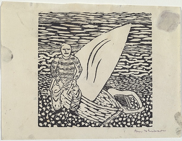 Artist: b'Whisson, Ken.' | Title: b'(Boy with yacht)' | Date: 1952-53 | Technique: b'linocut, printed in black ink, from one block' Artist: b'Whisson, Ken.' | Title: b'(Boy with yacht)' | Date: 1952-53 | Technique: b'linocut, printed in black ink, from one block'