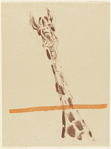 Artist: b'MACQUEEN, Mary' | Title: b'Giraffe II' | Date: c.1969 | Technique: b'lithograph, printed in colour, from two plates in brown and yellow ink' | Copyright: b'Courtesy Paulette Calhoun, for the estate of Mary Macqueen' Artist: b'MACQUEEN, Mary' | Title: b'Giraffe II' | Date: c.1969 | Technique: b'lithograph, printed in colour, from two plates in brown and yellow ink' | Copyright: b'Courtesy Paulette Calhoun, for the estate of Mary Macqueen'