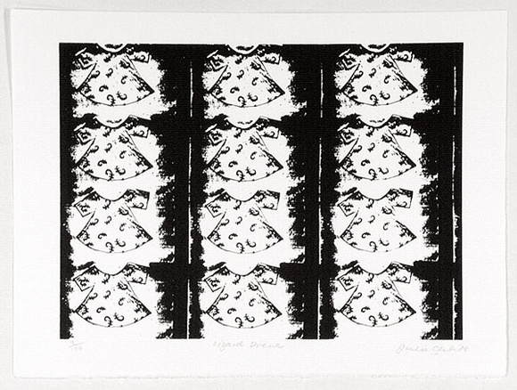 Artist: b'Church, Julia.' | Title: b'Lizard dresses.' | Date: 1988 | Technique: b'screenprint, printed in black ink, from one block' Artist: b'Church, Julia.' | Title: b'Lizard dresses.' | Date: 1988 | Technique: b'screenprint, printed in black ink, from one block'