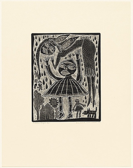 Artist: b'HANRAHAN, Barbara' | Title: b'Fallen angel' | Date: 1989 | Technique: b'etching, printed in black ink, from one plate' Artist: b'HANRAHAN, Barbara' | Title: b'Fallen angel' | Date: 1989 | Technique: b'etching, printed in black ink, from one plate'
