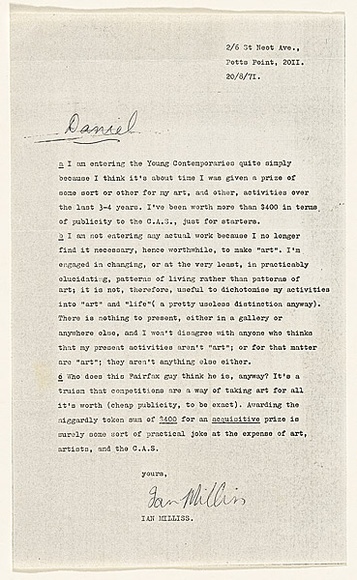Artist: b'MILLISS, Ian' | Title: b'(Letter to Daniel Thomas discussing art prizes)' | Date: 1971 | Technique: b'photocopy' Artist: b'MILLISS, Ian' | Title: b'(Letter to Daniel Thomas discussing art prizes)' | Date: 1971 | Technique: b'photocopy'
