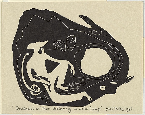 Artist: b'Thake, Eric.' | Title: b'Greeting card: Christmas (Desiderata or That hollow-log at Alice Springs).' | Date: 1948 | Technique: b'linocut, printed in black ink, from one block' Artist: b'Thake, Eric.' | Title: b'Greeting card: Christmas (Desiderata or That hollow-log at Alice Springs).' | Date: 1948 | Technique: b'linocut, printed in black ink, from one block'