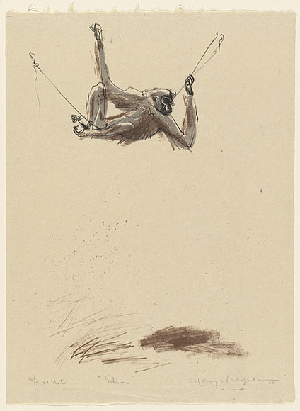 Artist: b'MACQUEEN, Mary' | Title: b'The gibbon' | Date: 1968 | Technique: b'lithograph, printed in colour, from three plates in black, brown and grey i ink' | Copyright: b'Courtesy Paulette Calhoun, for the estate of Mary Macqueen' Artist: b'MACQUEEN, Mary' | Title: b'The gibbon' | Date: 1968 | Technique: b'lithograph, printed in colour, from three plates in black, brown and grey i ink' | Copyright: b'Courtesy Paulette Calhoun, for the estate of Mary Macqueen'
