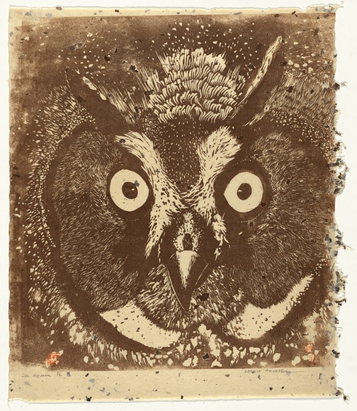 Artist: b'Thorpe, Lesbia.' | Title: b'The aggressor' | Date: 1982-83 | Technique: b'linocut, printed in brown ink, from one block' Artist: b'Thorpe, Lesbia.' | Title: b'The aggressor' | Date: 1982-83 | Technique: b'linocut, printed in brown ink, from one block'