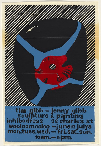 Artist: b'UNKNOWN' | Title: b'Tim Gibb - Jenny Gibb, sculpture and painting. Inhibodress, Woolloomooloo' | Date: 1970's | Technique: b'screenprint, printed in colour, from three stencils' Artist: b'UNKNOWN' | Title: b'Tim Gibb - Jenny Gibb, sculpture and painting. Inhibodress, Woolloomooloo' | Date: 1970's | Technique: b'screenprint, printed in colour, from three stencils'