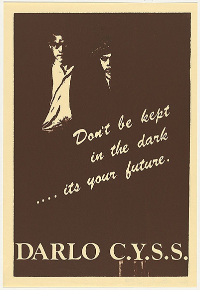 Artist: b'Stumbles, Yanni.' | Title: b'Darlo C.Y.S.S.' | Date: 1982 | Technique: b'screenprint, printed in brown ink, from one stencil' Artist: b'Stumbles, Yanni.' | Title: b'Darlo C.Y.S.S.' | Date: 1982 | Technique: b'screenprint, printed in brown ink, from one stencil'