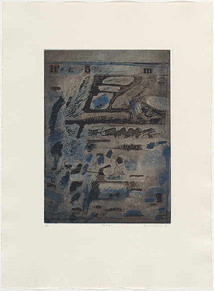 Artist: b'MADDOCK, Bea' | Title: bIt's 5 M | Date: 1976, October | Technique: b'photo-etching, aquatint, softground etching, engraving, roulette and drypoint, printed in colour, from two plates' Artist: b'MADDOCK, Bea' | Title: bIt's 5 M | Date: 1976, October | Technique: b'photo-etching, aquatint, softground etching, engraving, roulette and drypoint, printed in colour, from two plates'