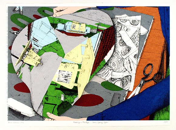 Artist: b'Latimer, Bruce.' | Title: b'Making a Montage - some Sydney styles' | Date: 1976 | Technique: b'screenprint, printed in colour, from multiple stencils' | Copyright: b'\xc2\xa9 Bruce Latimer' Artist: b'Latimer, Bruce.' | Title: b'Making a Montage - some Sydney styles' | Date: 1976 | Technique: b'screenprint, printed in colour, from multiple stencils' | Copyright: b'\xc2\xa9 Bruce Latimer'