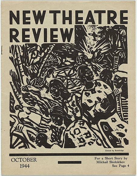 Artist: b'Bainbridge, John.' | Title: b'(frontcover) New theatre review: October 1944.' | Date: October 1944 | Technique: b'linocut, printed in black ink, from one block; letterpress text' Artist: b'Bainbridge, John.' | Title: b'(frontcover) New theatre review: October 1944.' | Date: October 1944 | Technique: b'linocut, printed in black ink, from one block; letterpress text'