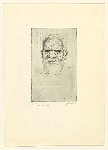Artist: b'EWINS, Rod' | Title: b'Aboriginal, Wailbri Tribe.' | Date: 1965 | Technique: b'line-engraving, printed in black ink, from one copper plate' Artist: b'EWINS, Rod' | Title: b'Aboriginal, Wailbri Tribe.' | Date: 1965 | Technique: b'line-engraving, printed in black ink, from one copper plate'
