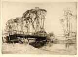 Artist: b'Long, Sydney.' | Title: b'The bridge, Avoca' | Date: 1926 | Technique: b'line-etching and drypoint, printed in brown ink with plate tone, from one zinc plate' | Copyright: b'Reproduced with the kind permission of the Ophthalmic Research Institute of Australia'