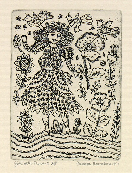 Artist: b'HANRAHAN, Barbara' | Title: b'Girl with flowers' | Date: 1991 | Technique: b'etching, printed in black ink with plate-tone, from one plate' Artist: b'HANRAHAN, Barbara' | Title: b'Girl with flowers' | Date: 1991 | Technique: b'etching, printed in black ink with plate-tone, from one plate'