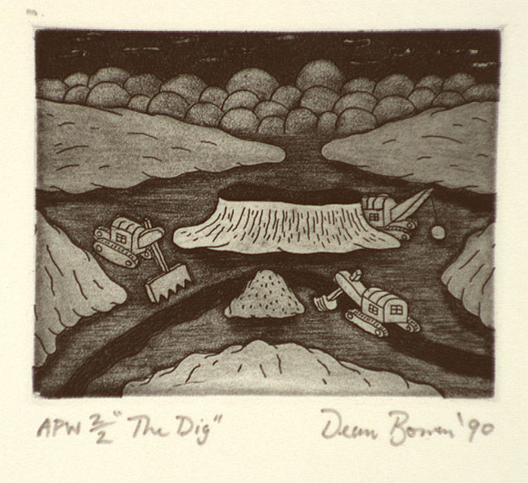 Artist: b'Bowen, Dean.' | Title: b'The dig' | Date: 1990 | Technique: b'etching, printed in blue ink, from one plate' Artist: b'Bowen, Dean.' | Title: b'The dig' | Date: 1990 | Technique: b'etching, printed in blue ink, from one plate'
