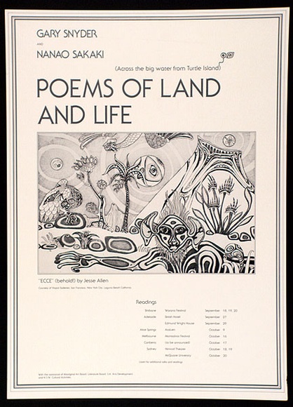 Artist: b'Allen, Jesse.' | Title: b'Poems of Land & Life- Nanao Sakaki & Gary Snyder Tour, 1981.' | Date: 1981 | Technique: b'screenprint' Artist: b'Allen, Jesse.' | Title: b'Poems of Land & Life- Nanao Sakaki & Gary Snyder Tour, 1981.' | Date: 1981 | Technique: b'screenprint'