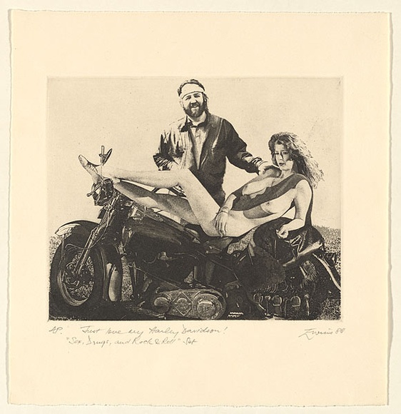 Artist: b'EWINS, Rod' | Title: b'Just love my Harley-Davidson!.' | Date: 1988 | Technique: b'photo-aquatint, printed in black ink, from one plate' Artist: b'EWINS, Rod' | Title: b'Just love my Harley-Davidson!.' | Date: 1988 | Technique: b'photo-aquatint, printed in black ink, from one plate'