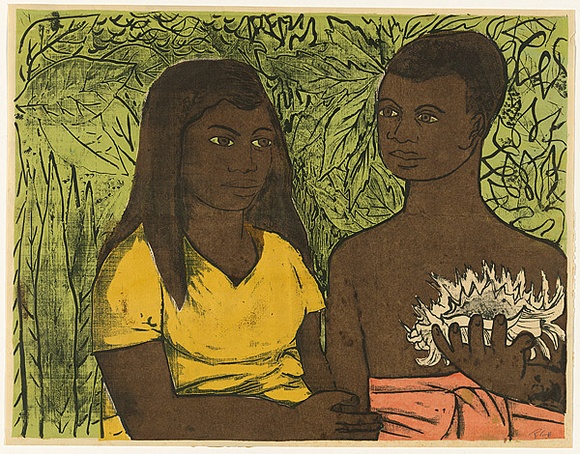 Artist: b'Crooke, Ray.' | Title: b'(Native girl and boy with conch shell).' | Date: c.1973 | Technique: b'screenprint, printed in colour, from four stencils' Artist: b'Crooke, Ray.' | Title: b'(Native girl and boy with conch shell).' | Date: c.1973 | Technique: b'screenprint, printed in colour, from four stencils'