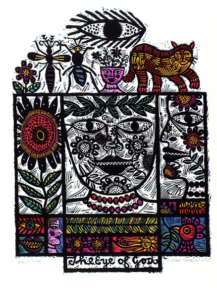 Artist: b'HANRAHAN, Barbara' | Title: b'The Eye of God' | Date: 1974 | Technique: b'linocut, printed in black ink, from one block, hand-coloured' Artist: b'HANRAHAN, Barbara' | Title: b'The Eye of God' | Date: 1974 | Technique: b'linocut, printed in black ink, from one block, hand-coloured'