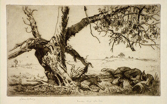 Artist: b'LINDSAY, Lionel' | Title: b'Burden and heat of the day' | Date: 1938 | Technique: b'etching and aquatint, printed in brown ink, from one plate' | Copyright: b'Courtesy of the National Library of Australia' Artist: b'LINDSAY, Lionel' | Title: b'Burden and heat of the day' | Date: 1938 | Technique: b'etching and aquatint, printed in brown ink, from one plate' | Copyright: b'Courtesy of the National Library of Australia'